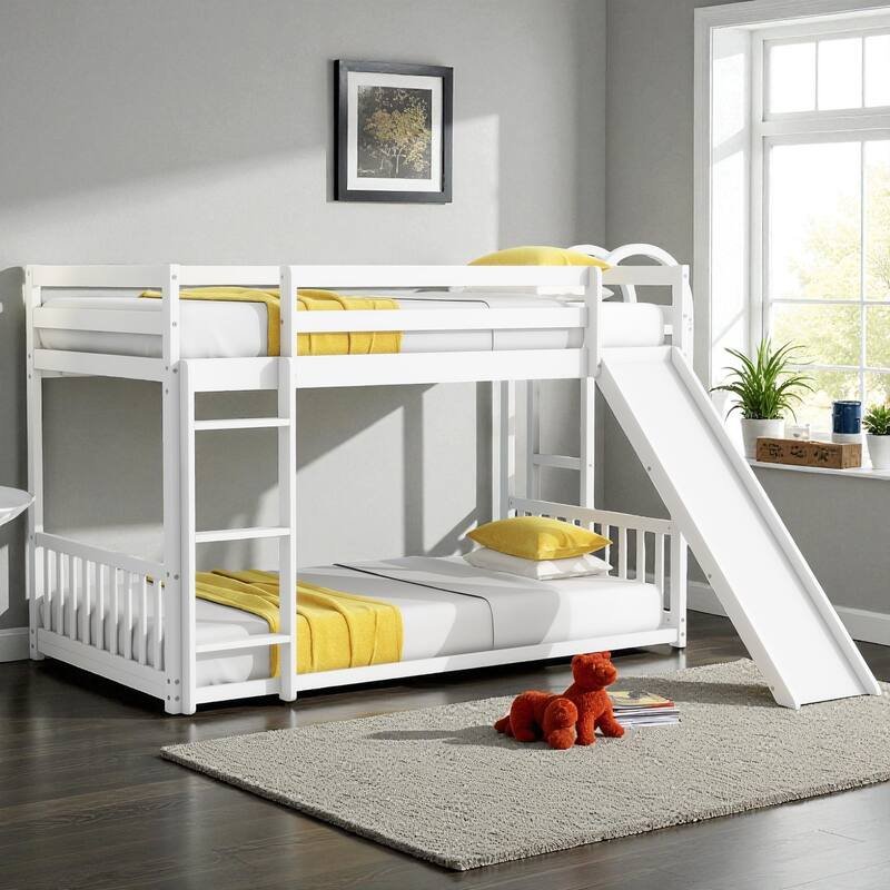 Solid Pine Wood Twin Over Twin Bunk Bed with Slide, Door, Ladder, and Guardrails, Convertible Floor Bunk Bed for Kids