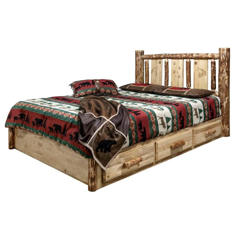 Rustic Platform Bed with Storage & Wolf Design - Solid Pine Wood Bed Frame - Glacier Country Style - 550lb Capacity