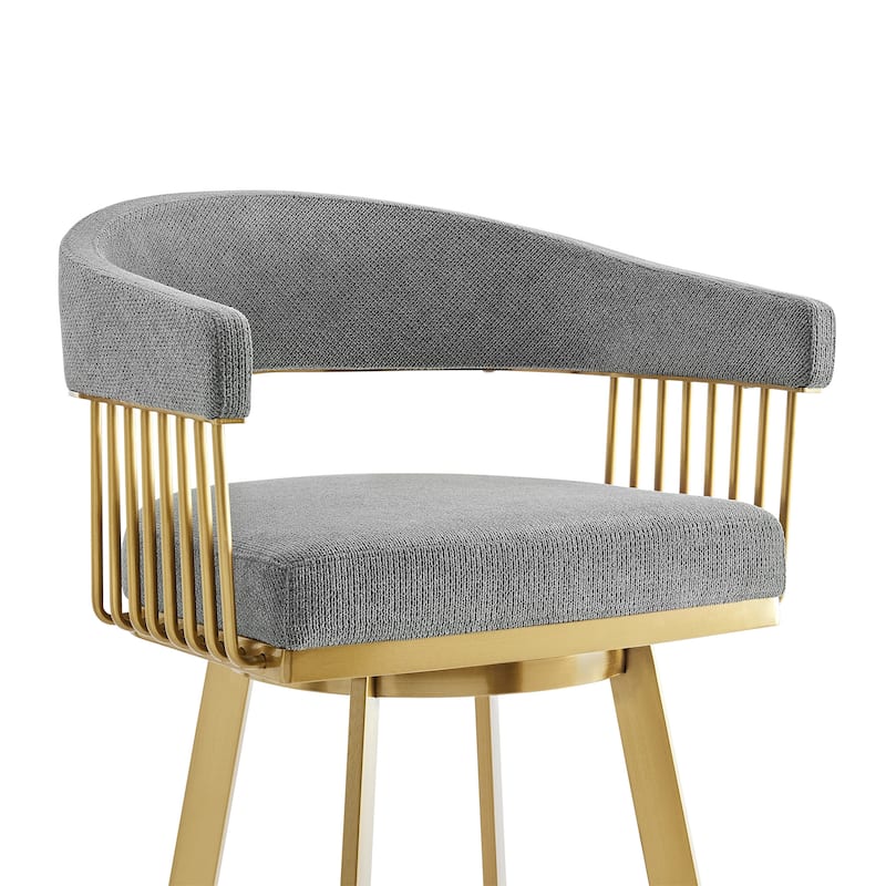 HomeRoots 30" Gray and Gold Fabric and Stainless Steel Low Back Bar Height Swivel Bar Chair