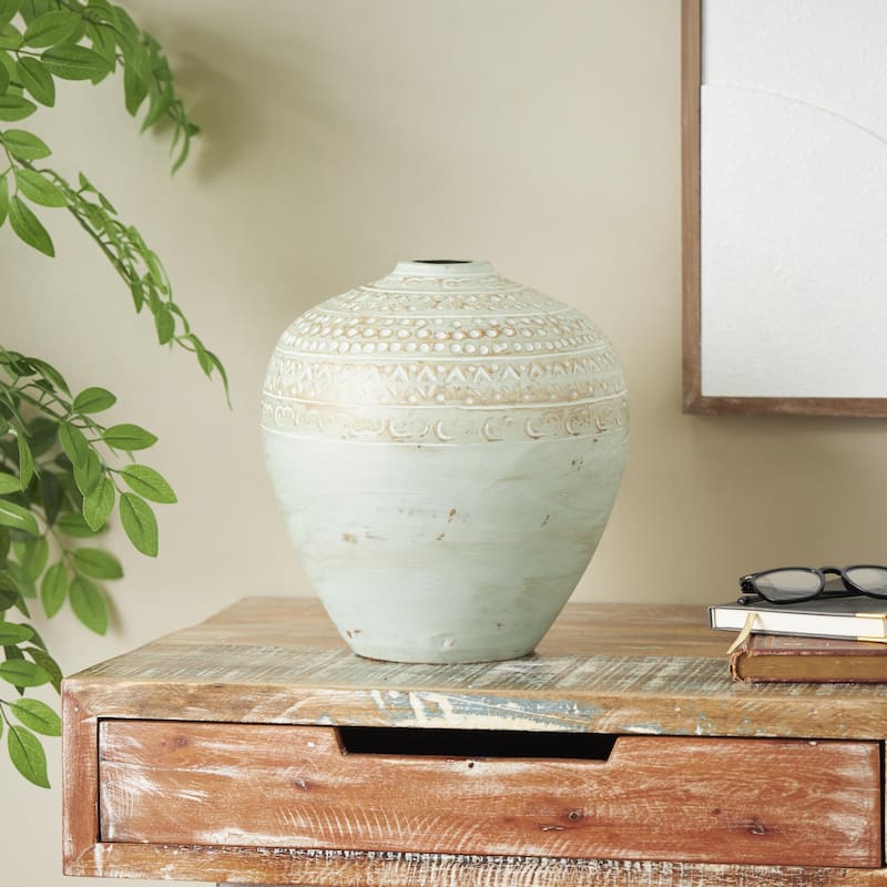 Ceramic Handmade Antique Style Wide Rounded Decorative Vase with Geometric Tribal Carvings - Green - Roche River Decor