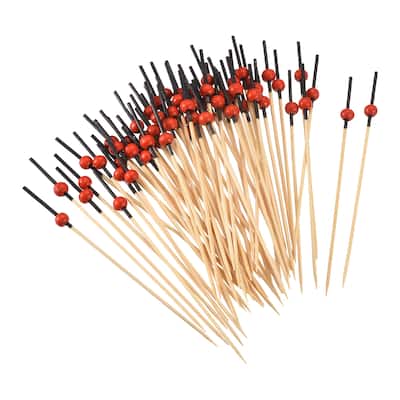 Bamboo Cocktail Toothpicks Red Pearl Bead Drink Picks Skewer 100Pcs - 4.72"