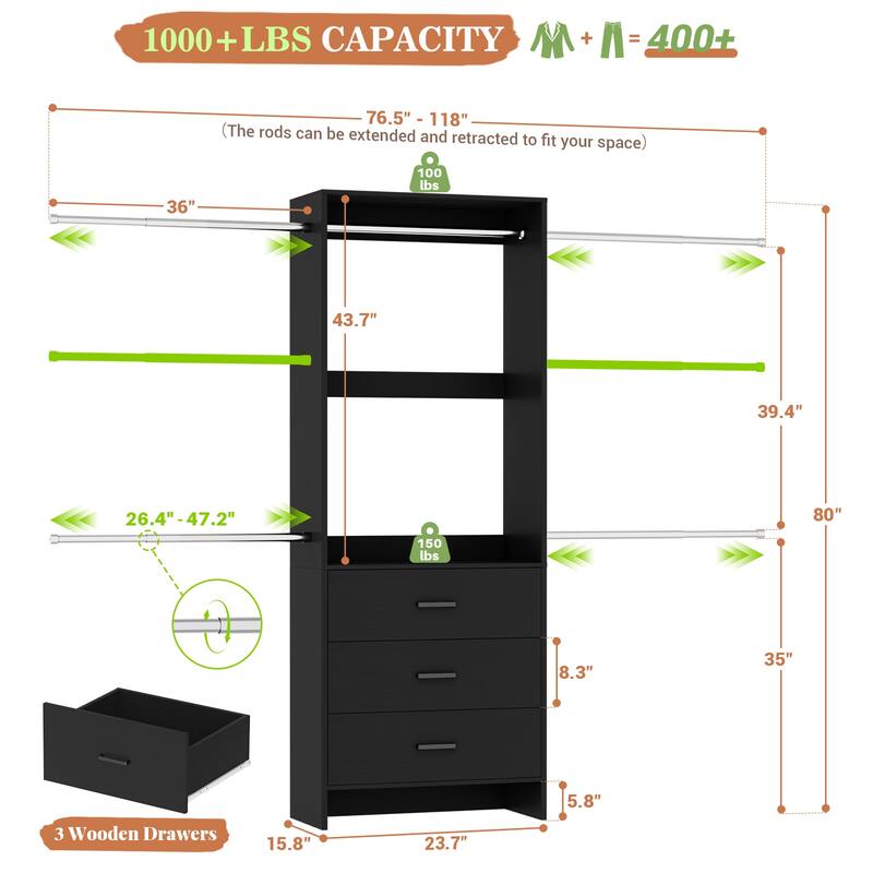 Cimly 118'' Closet Organizer with 3 Wooden Drawers, Adjustable Closet System with 5 Hanging Rods
