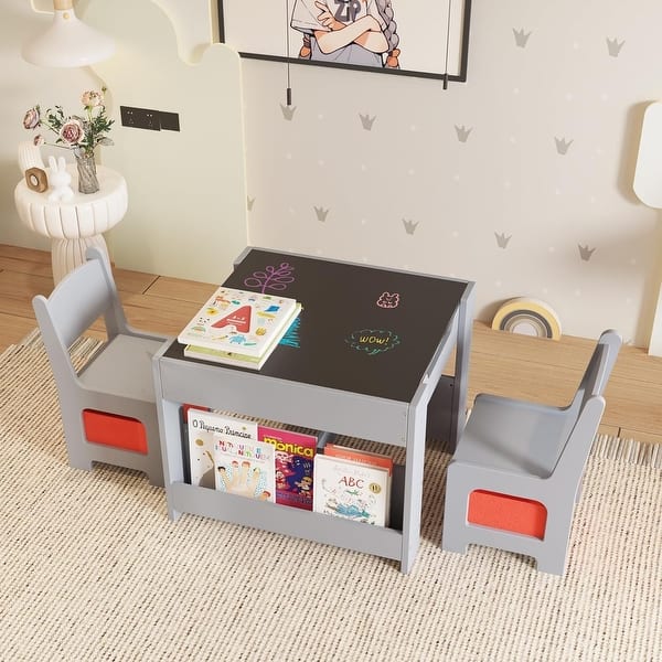 slide 2 of 12, Kids Table and Chair Set, 4 in 1 Children Activity Table & 2 Chairs with Storage Drawer Detachable Tabletop Grey
