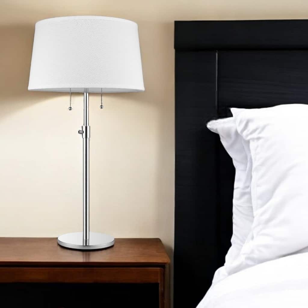Silver Metal Adjustable Table Lamp with White Fabric Empire Shade - 16” x 16” x 31”