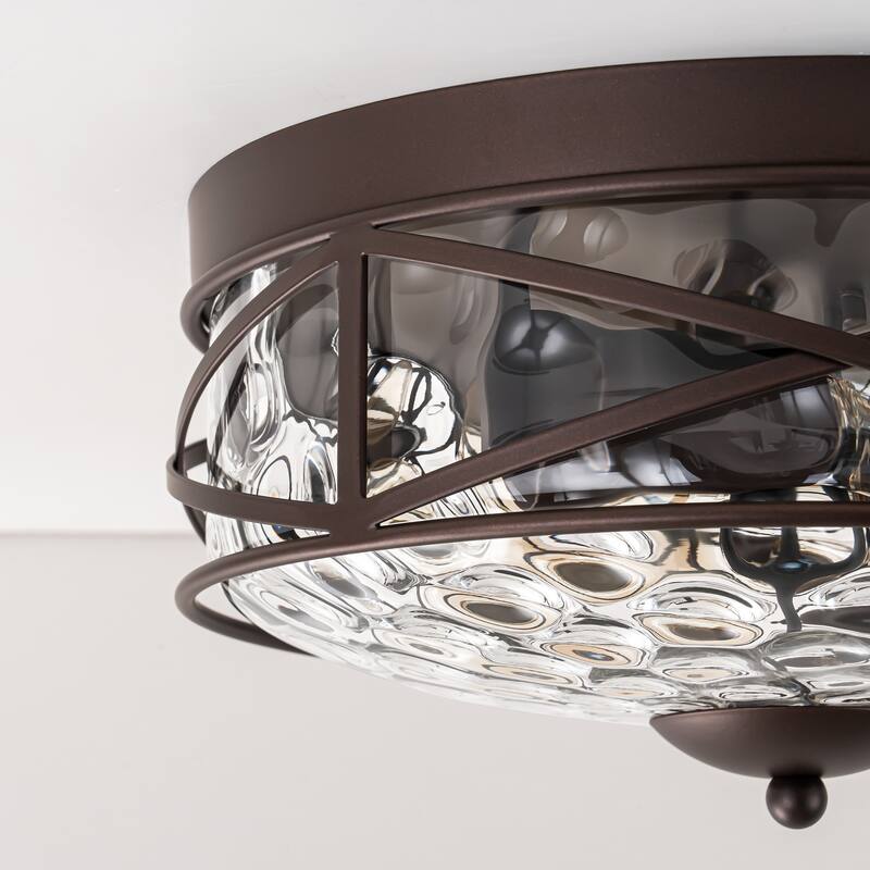 2-Light Mid-Century Modern Vintage Round Dome Water Rippled Clear Glass Cage Flush Mount Ceiling Light