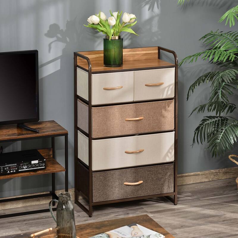 HOMCOM 5-Drawer Dresser Tower 4-Tier Storage Organizer with Steel Frame Wooden Top for Bedroom Hallway Closets