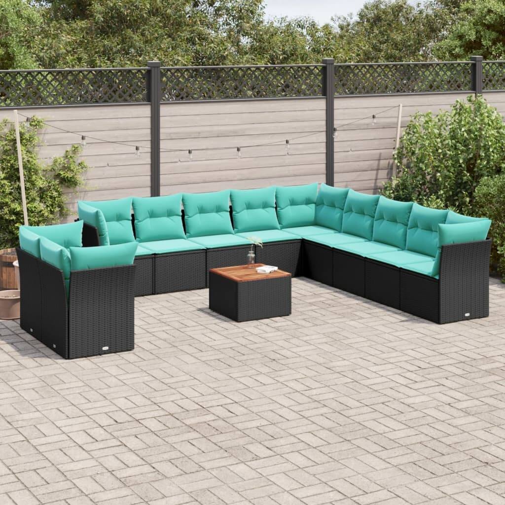 vidaXL 12 Piece Patio Sofa Set with Cushions Black Poly Rattan - 24.4 x 24.4 x 27.2