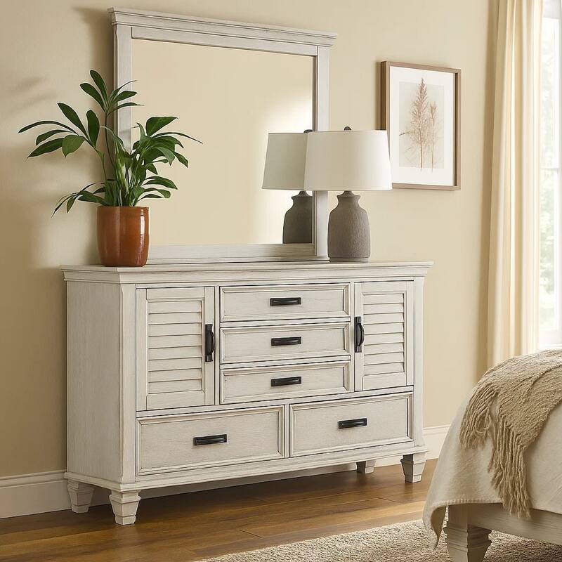 Eli Wide Dresser with Mirror, 5 Drawers 2 Cabinets, Distressed White