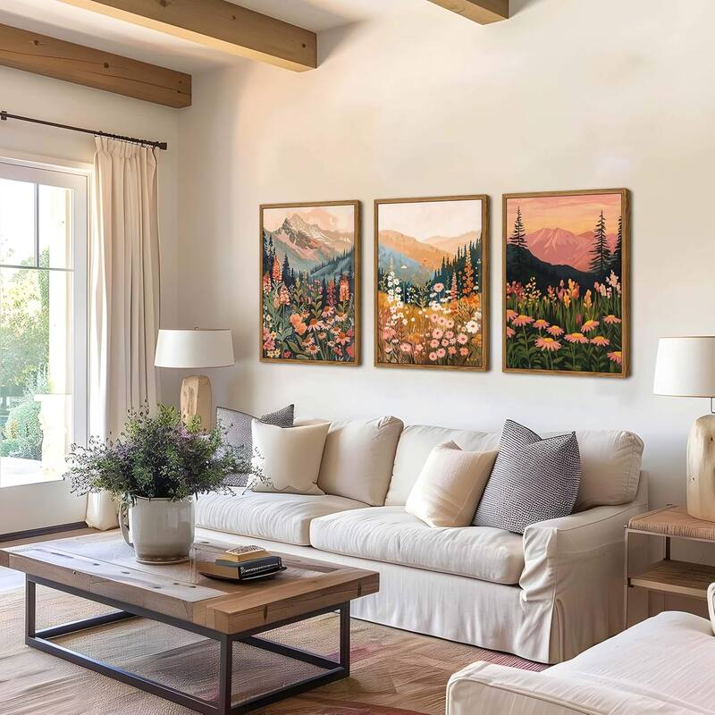 Colorful Mountain Wall Art Set of 3, Vintage Wildflower Landscape