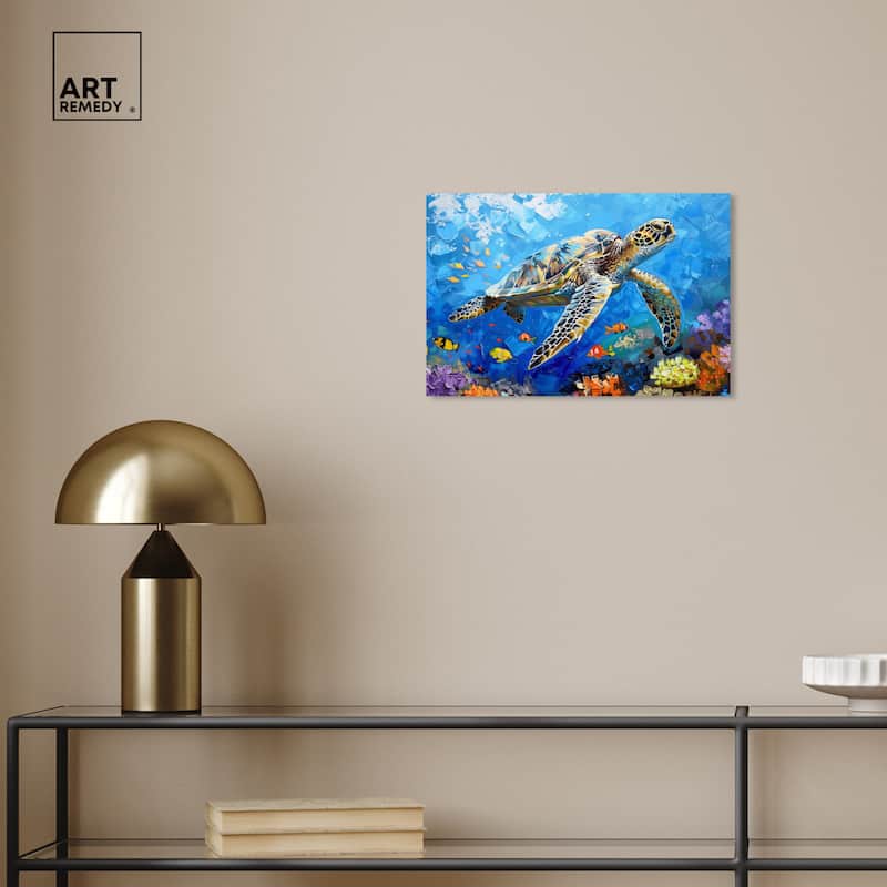 Art Remedy Turtle Swimming Gallery Wrapped Colorful Coastal 1 Piece Canvas Wall Art