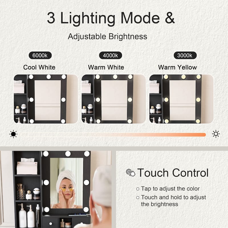 Vanity Table with Mirror & Adjustable LED Lights, Power Outlet, Hairdryer Holder & Stool - Compact Dressing Desk