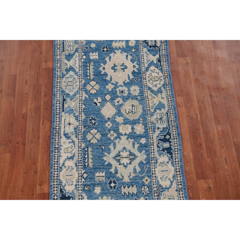 Hand Knotted Oriental 100% Wool Carpet Transitional All-Over Navy Blue & Blues Oushak Runner Rug - 16' 7'' X 2' 7''