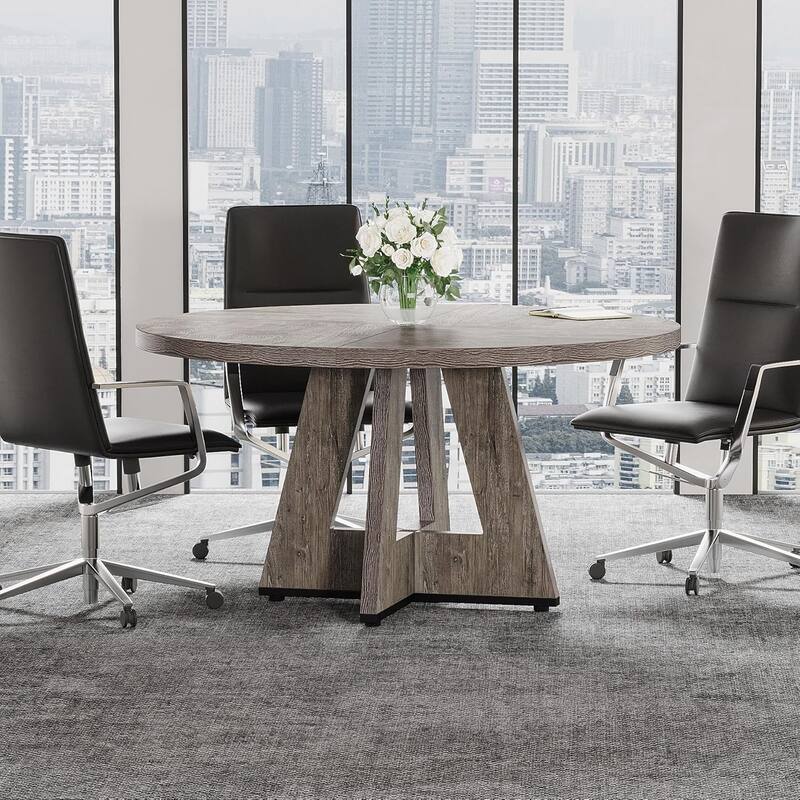 47" Round Conference Table Meeting Room Table with Thickened Top Wood Base Modern Training Desk for Conference/Seminar Room