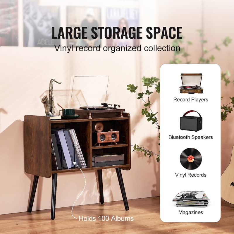 Record Player Stand with Vinyl Storage, Adjustable Turntable Cabinet - 25.98 x 13.86 x 26.97 inch