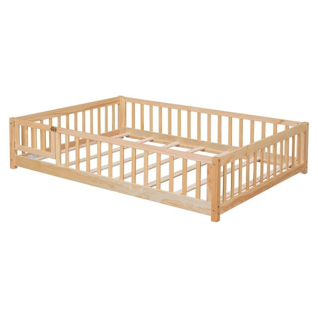 Twin/Full/Queen size Floor Platform Bed with Fence and Door for Kids, Toddlers
