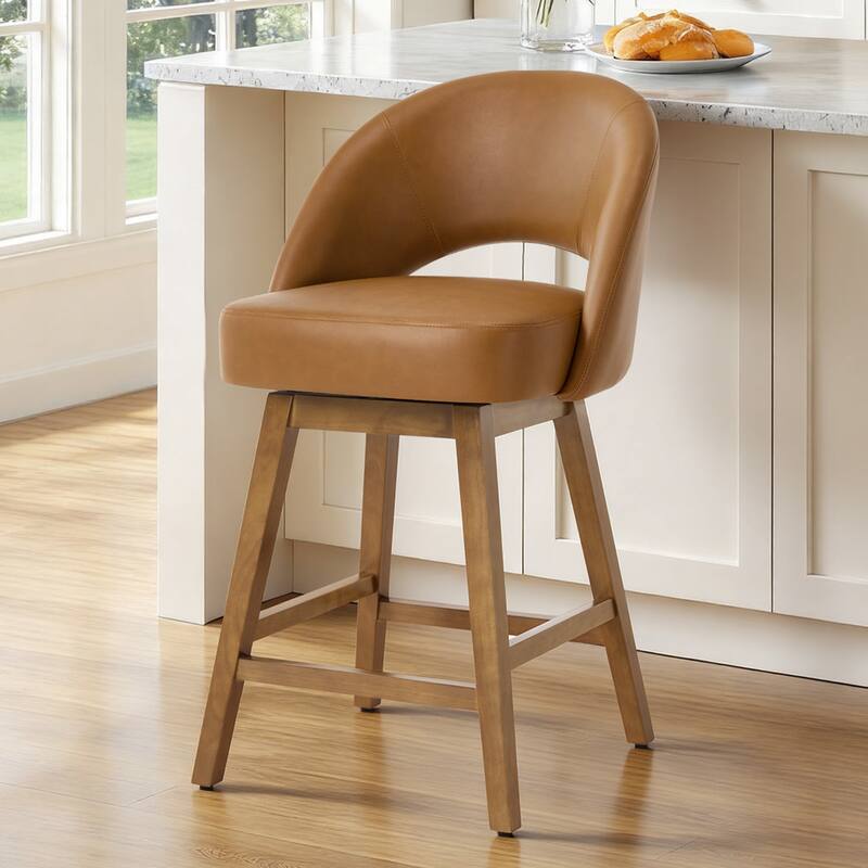 Upholstered Swivel Counter Height Bar Stools with Cutout Back and Solid Wood Frame - 38.2"H x 22.1"W x 23.6"D - Single - Brown