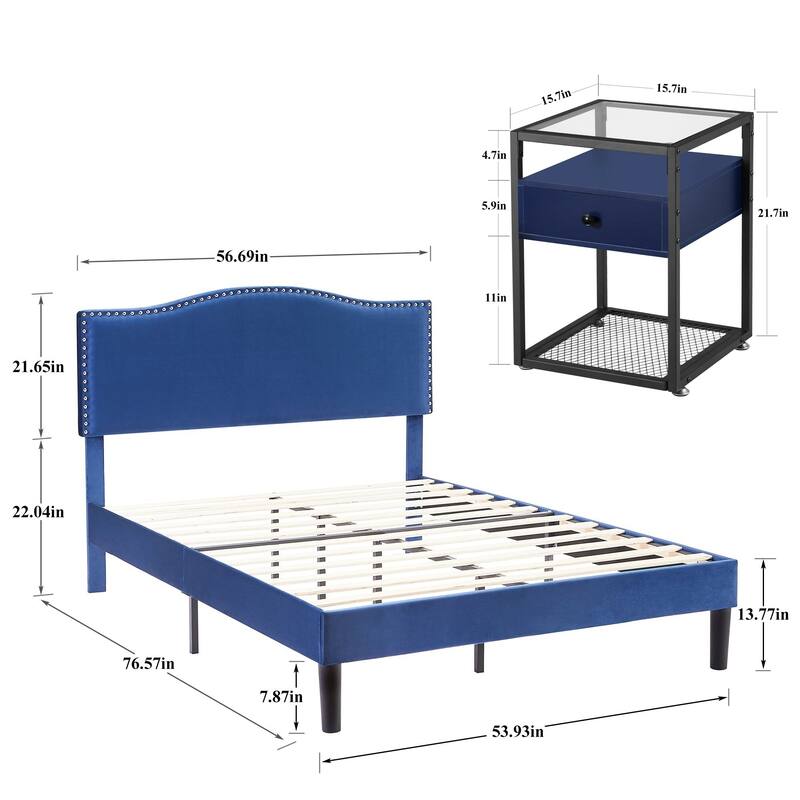 VECELO, Five Colors, 3-Pieces Upholstered Platform Bed Frame with Adjustable Headboard and Nightstands Set of 2