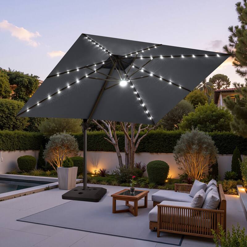 11 FT Aluminum Solar-Powered LED Light Patio Cantilever Umbrella with Base - Dark Grey
