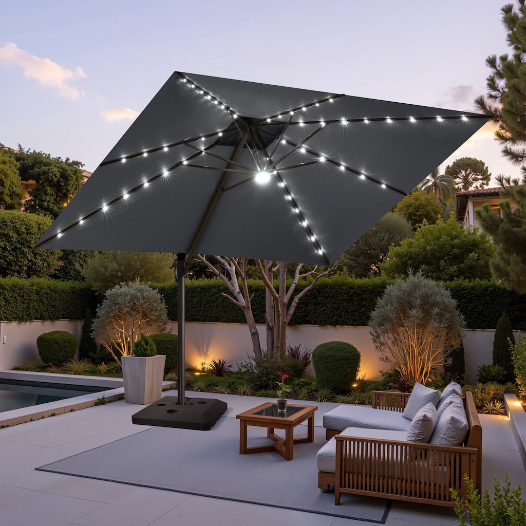 11 FT Aluminum Solar-Powered LED Light Patio Cantilever Umbrella with Base