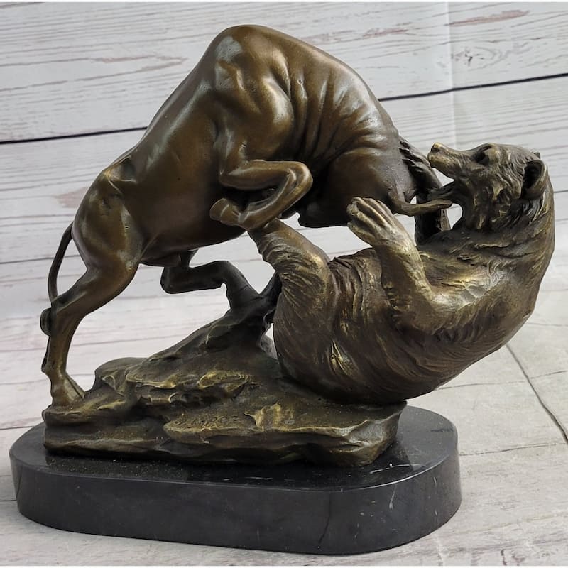 Stock Market Bull Vs Bear Bronze Sculpture Marble Base Statue Decor Gift Signed Original Art