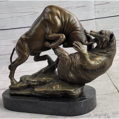 Stock Market Bull Vs Bear Bronze Sculpture Marble Base Statue Decor Gift Signed Original Art