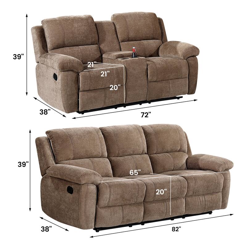 2PC Modern Fabric Manual Recliner Sofa Set, Couch, Loveseat w/Console