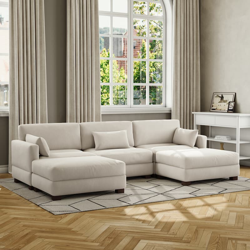 Corduroy Upholstered Modular Sectional Sofa for Living Room - SEA SALT GRAY 5-PIECE