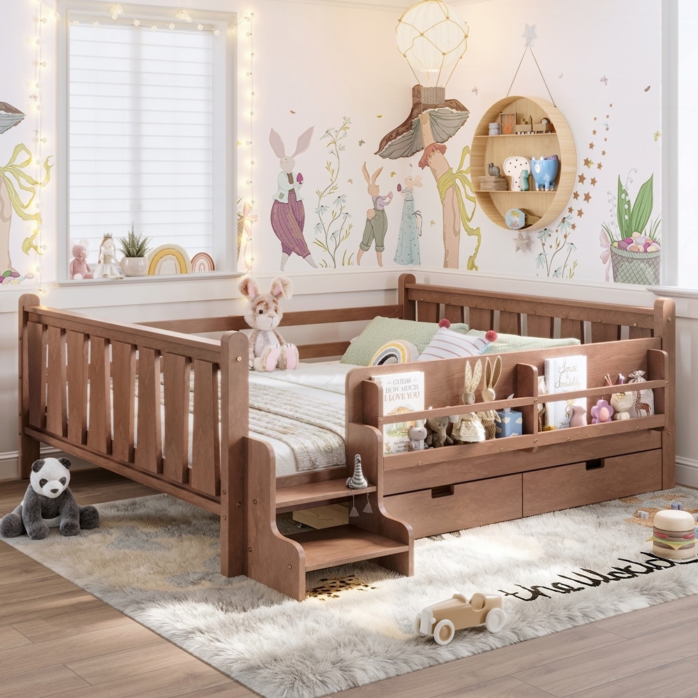 Solid Wood Kids Floor Bed with Cute Stairs and Guardrails