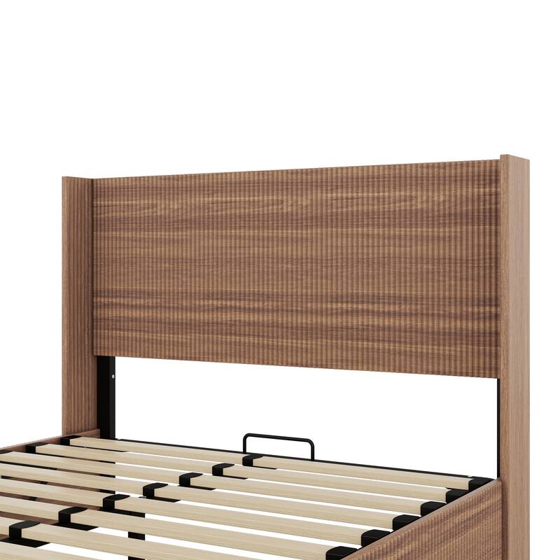 Large grooved undulating lift storage bed frame, wooden platform bed frame with lift storage(Queen)
