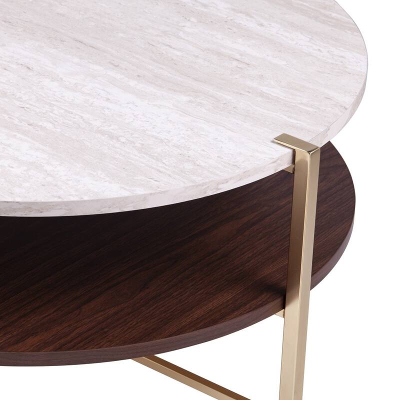 33” Round Faux Marble Coffee Table in Glossy Brass Finish with Metal Legs and Open Storage - 33.25”L x 33.25”W x 18”H