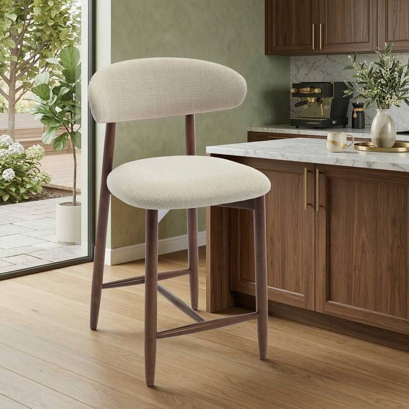 Mid-Century Modern Upholstered Bar Stools Counter Height Wooden Bar Chairs with Backrest Footrest - Beige - Single