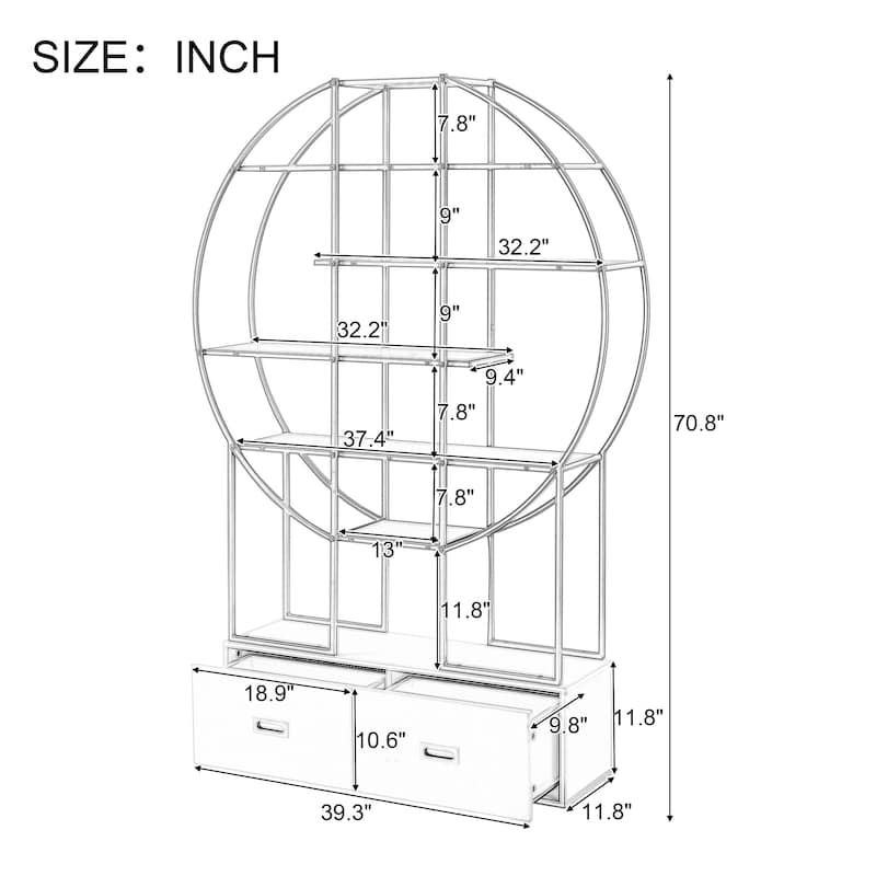 Roomfitters 70.8" Round Bookcase for Office, Bookshelf with Display Shelves and 2 Drawers, Gold Frame, Golden+White