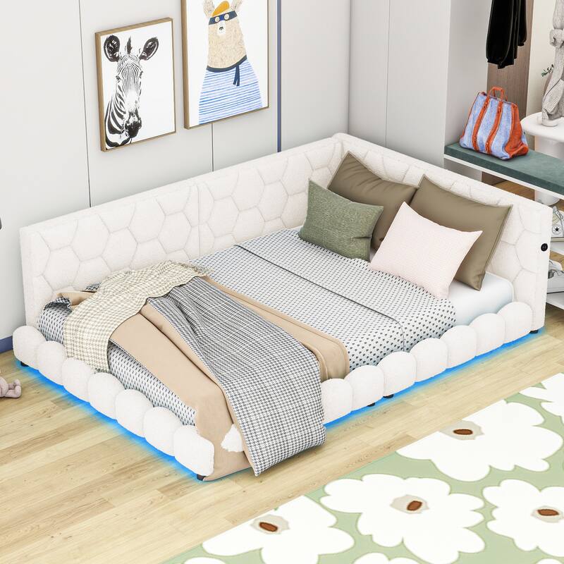 Full Size Platform Bed, Teddy Upholstered Bed Frame with USB Ports and