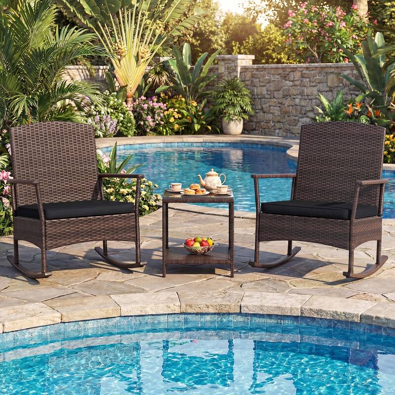 Gymax 3 Piece Patio Rocking Bistro Set 2 Rattan Armchairs w/ 2-Tier