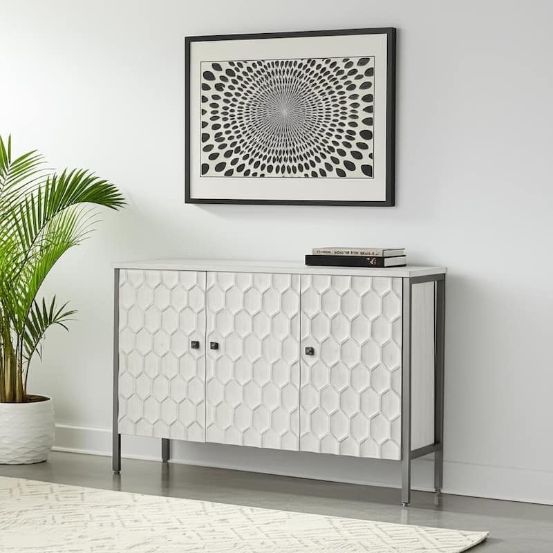 HomeRoots 47" White and Gray Wood and Metal Carved Geometric Accent Cabinet With Three Doors - White