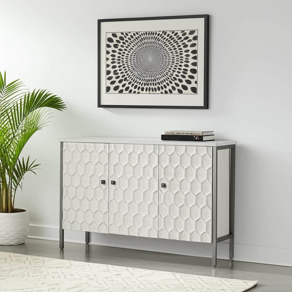 HomeRoots 47" White and Gray Wood and Metal Carved Geometric Accent Cabinet With Three Doors