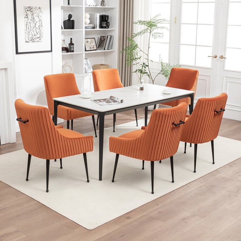 SEYNAR Modern Glam Velvet Black Metal Legs Dining Chair or Vanity Chair Set of 6 with Rear Handle