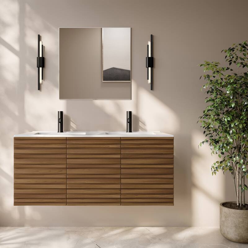 Cascade 48" Wall-Mounted Bathroom Vanity In Brown Oak With Double Basin Sink Top - 48