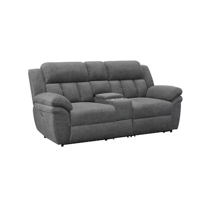 Jak 86 Inch Loveseat, Power Recliner, Padded Back, Charcoal Gray Fabric