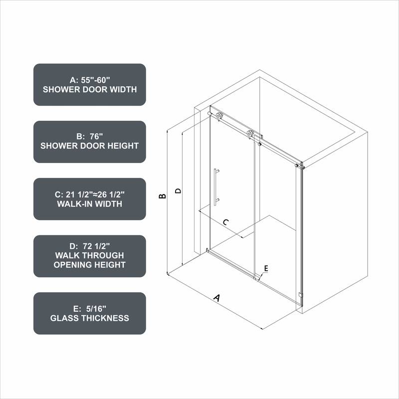 55 to 60 in. W x 76 in. H Sliding Frameless Shower Door with 5/16 Inch (8mm) Thick Tampered Glass