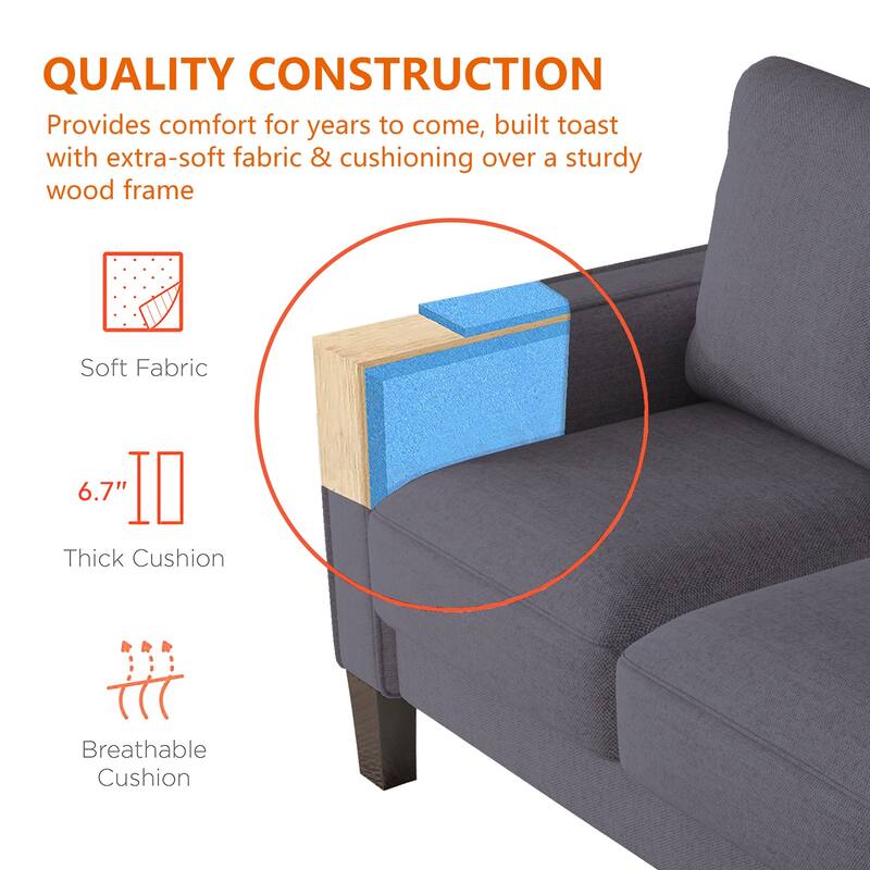 Living Room 3-Seater Sofa, 75" Dark Grey Living Room Couch for 3, Upholstered Loveseat Sofa with Solid Wood Legs