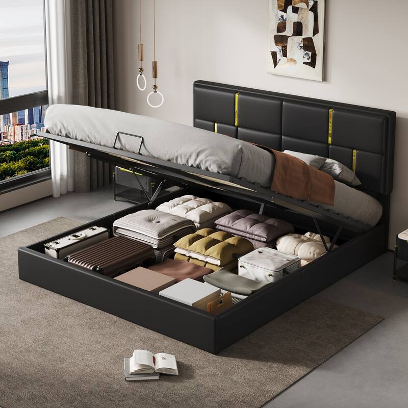 Roomfitters Queen Upholstered Platform Bed with Hydraulic Storage Lift, Modern Bed Frame, No Box Spring Required