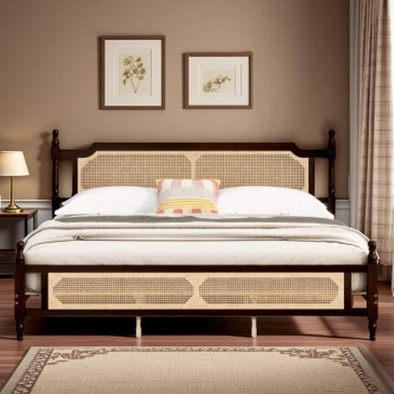 King Size Pine Wood Bed with Rattan Headboard & Footboard, Central Support Slats, Spacious Underbed Storage, Walnut Finish - Espresso