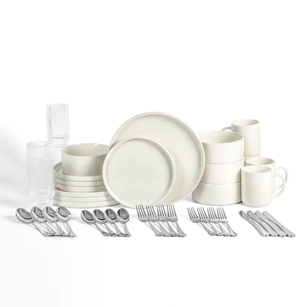 Stone Lain 40-Piece Porcelain Dinnerware, Glassware & Stainless Steel Flatware Dining Essential Kit Bundle, White