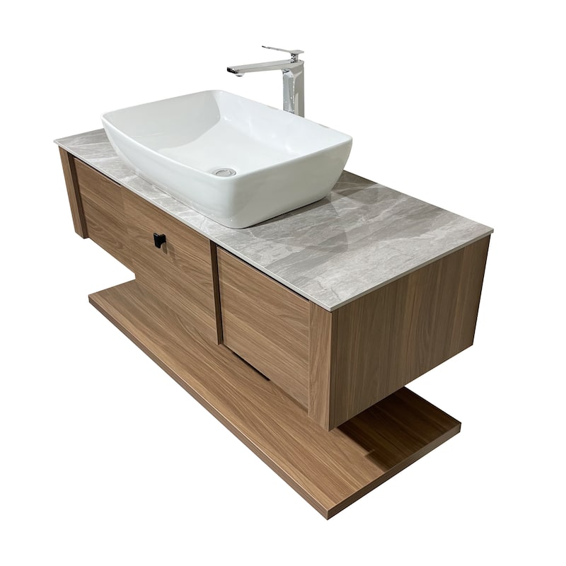48"Mid Century Modern Wall-Mounted Bathroom Vanities,Single Sink,Brown Wood Texture with Sintered Stone Table top