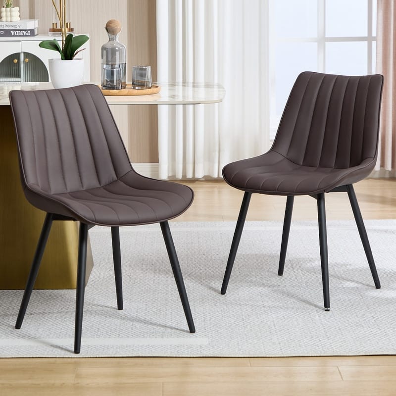 HOMEFUN PU Leather Upholstered Stripes Sturdy Metal Frame Dining Chairs(set of 2) - Brown