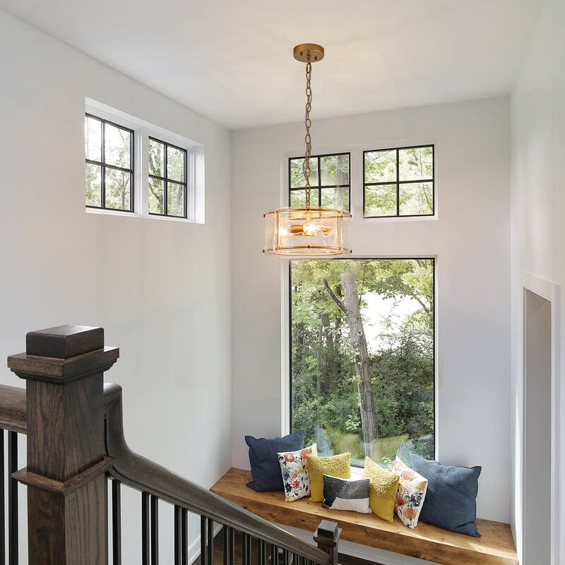 3 - Light Farmhouse Lantern Drum Chandelier with Ripple Glass Shape