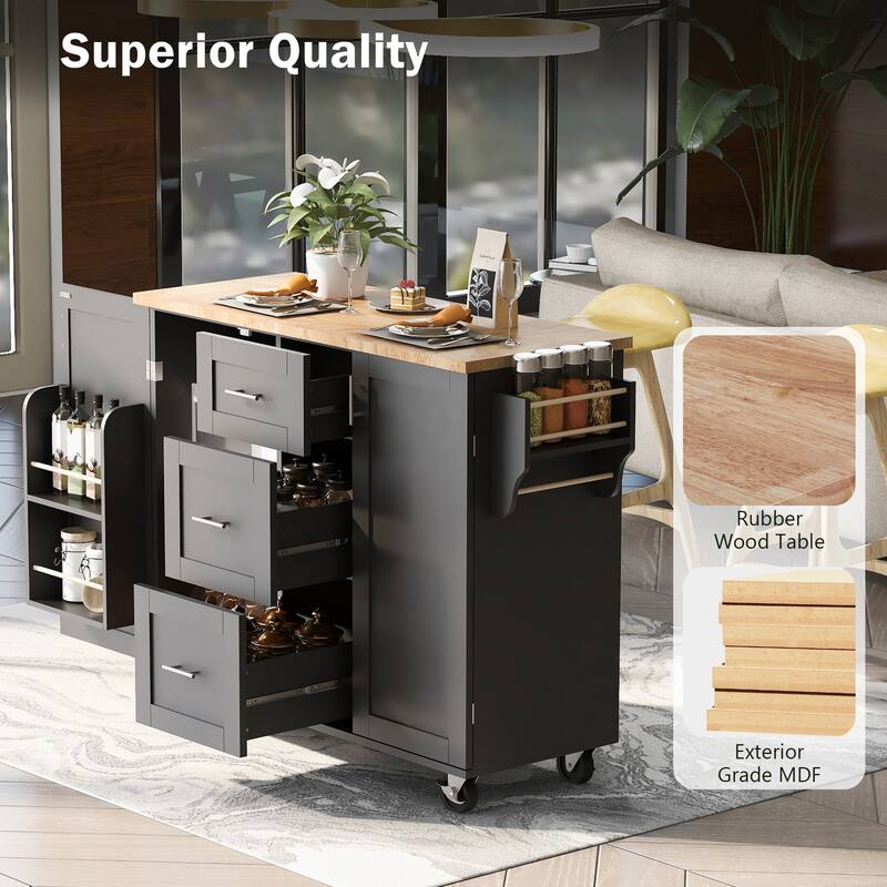Mobile Kitchen Island with Ample Storage, 3 Drawers, 2 Slide-Out Shelves, Spice Rack & Rubberwood Countertop