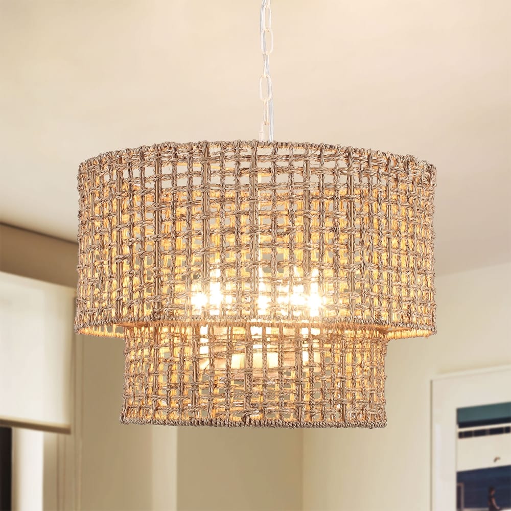 5-Light Metal 2-Tier Traditional Linear Drum Chandelier Pendant Light with Rattan Shade for Kitchen Island Dining Room