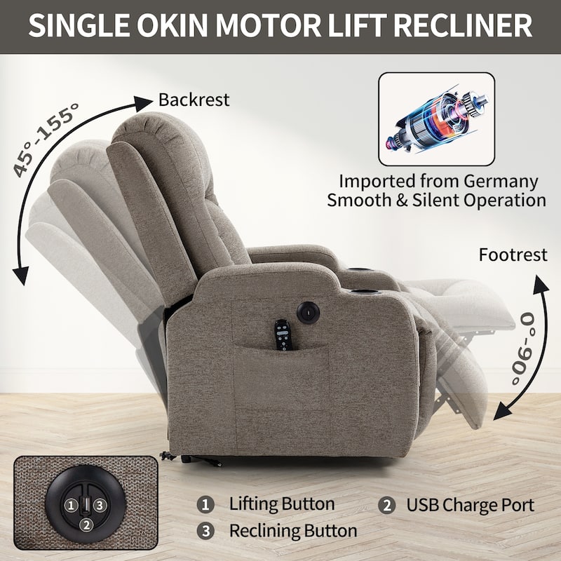 Power Lift Recliner Chair with Massage, Lumbar Heat, USB Charging Port, and Cup Holders